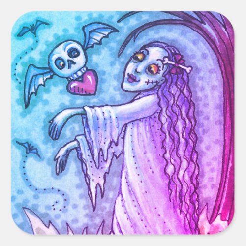 LOVE SICK GIRL ZOMBIE FOLLOWING HER HEART WHIMSY SQUARE STICKER