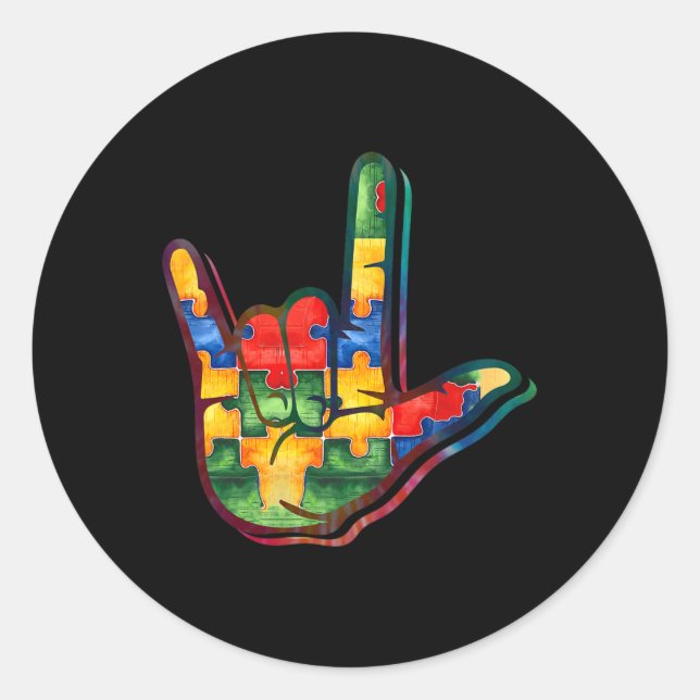 Love Sign Language Autism Awareness Support Puzzle Classic Round Sticker (Front)