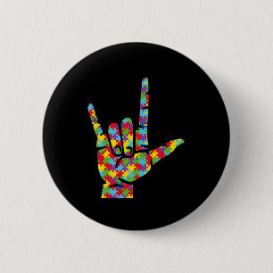 Love Sign Language Hand Autism Awareness Puzzle Button