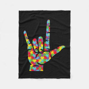 Love Sign Language Hand Autism Awareness Puzzle  Fleece Blanket