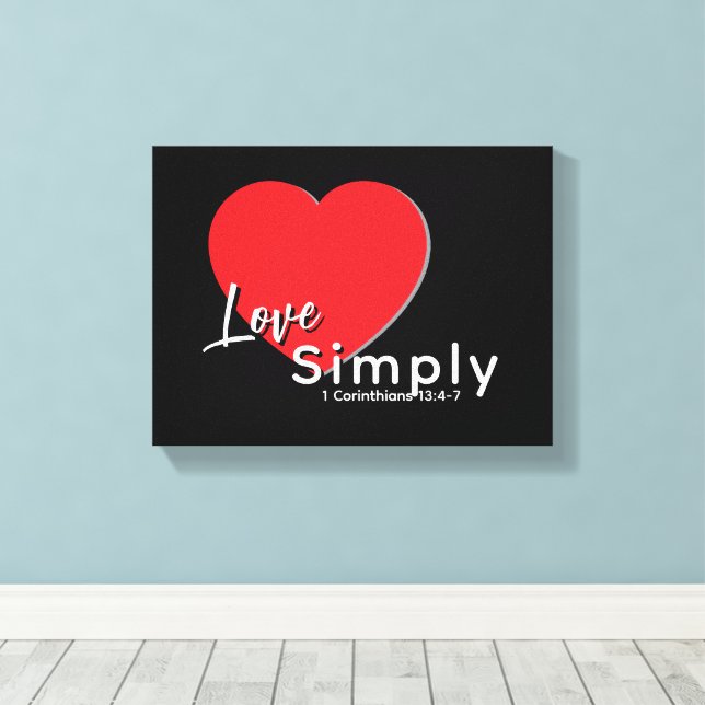 Love Simply–Inspired by 1 Corinthians 13 Red Heart Canvas Print (Insitu(Wood Floor))