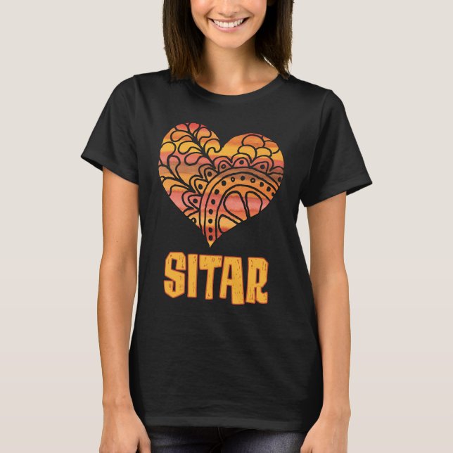Love Sitar Orange Mandala Heart Indian Music T-Shirt (Front)