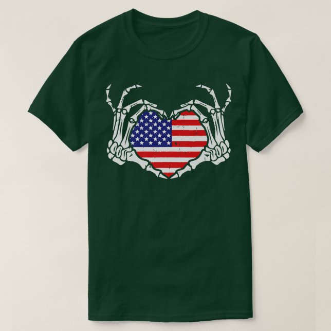 Love Skeleton Hand Heart US American Flag Independ T-Shirt (Design Front)