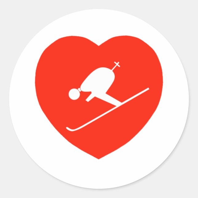 Love Skiing Red Heart Classic Round Sticker (Front)