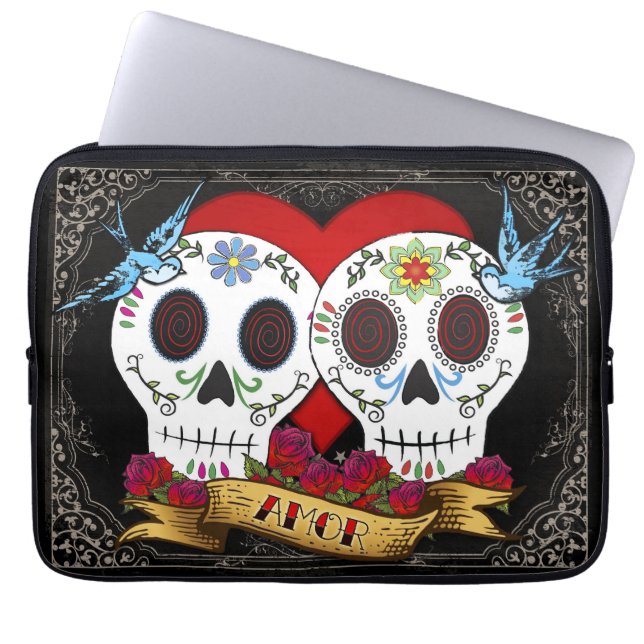 Love Skulls Day of the Dead Neoprene Laptop Sleeve (Front)
