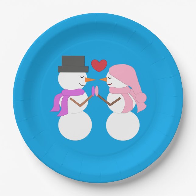 Love & Snowpeople - Blue-green:  Christmas Party Paper Plates (Front)