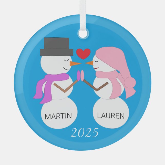 Love & Snowpeople:  Blue-green Glass Ornament (Front)