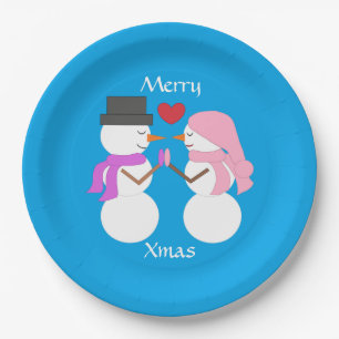 Love & Snowpeople Blue-green:  Merry Xmas Party Paper Plates