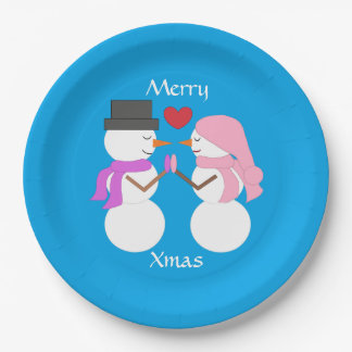 Love & Snowpeople Blue-green: Merry Xmas Party Paper Plates
