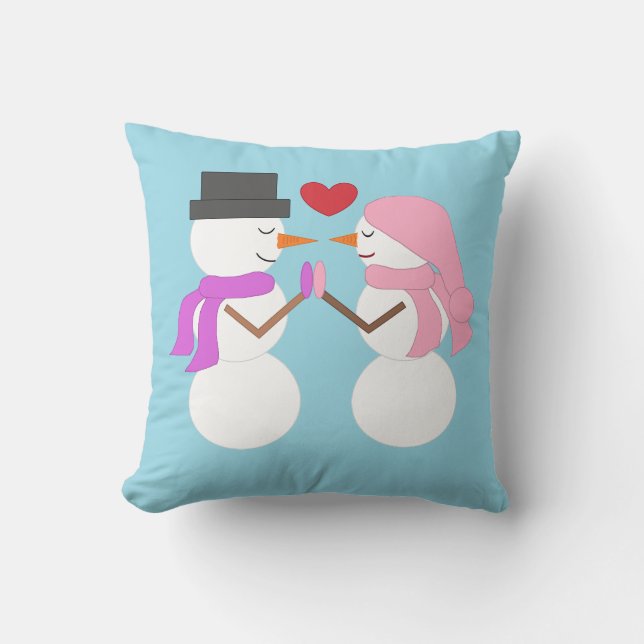 Love & Snowpeople:  Light Blue Throw Pillow (Front)