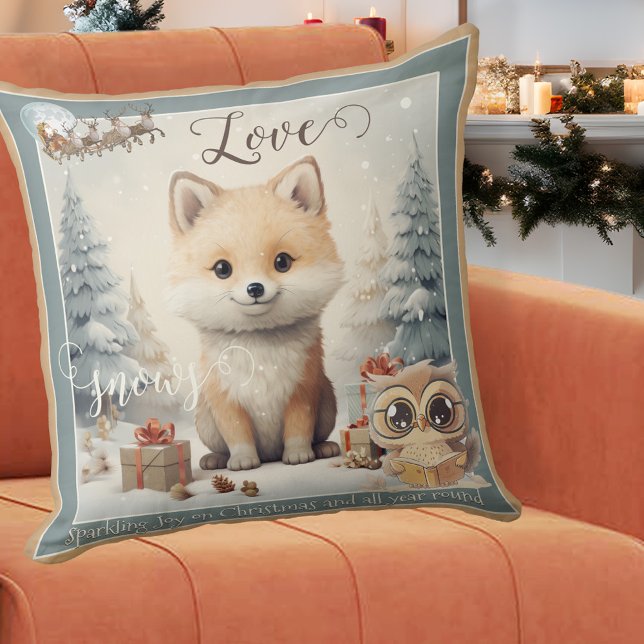 Love Snows Sweet Fox Christmas Throw Pillow (Christmas pillow featuring a whimsical design with a fox in the snow, an owl and Santa with reindeer)