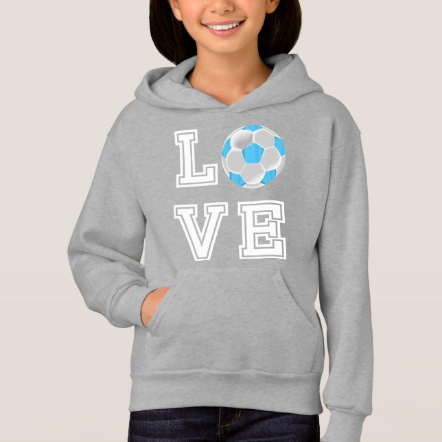 Love Soccer  - Baby Blue and White Hoodie (Front)
