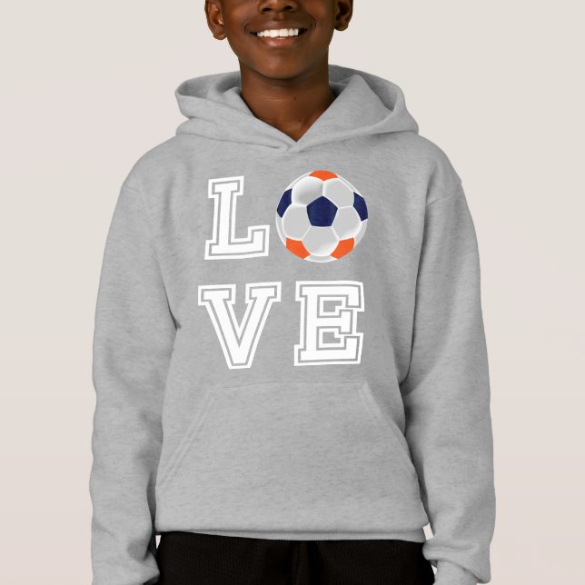 Love Soccer - White Letters - Navy and Orange Hoodie (Front)