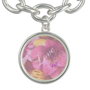Love & Soft Flowers Silver Round Charm Bracelet