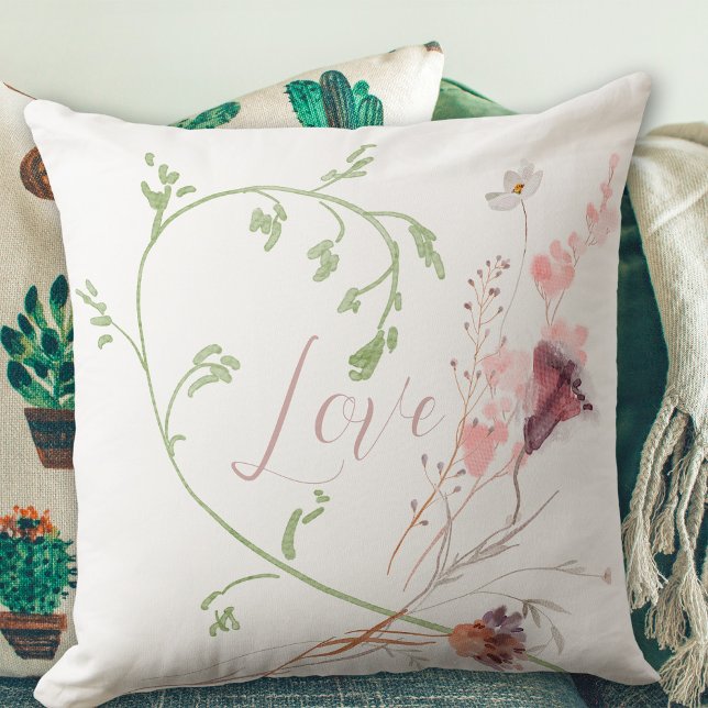 Love Soft Watercolor Flowers Romantic  Throw Pillow (Love Soft Watercolor Flowers Romantic Throw Pillow ©Susanne Sachers - Sunny Mind Design)