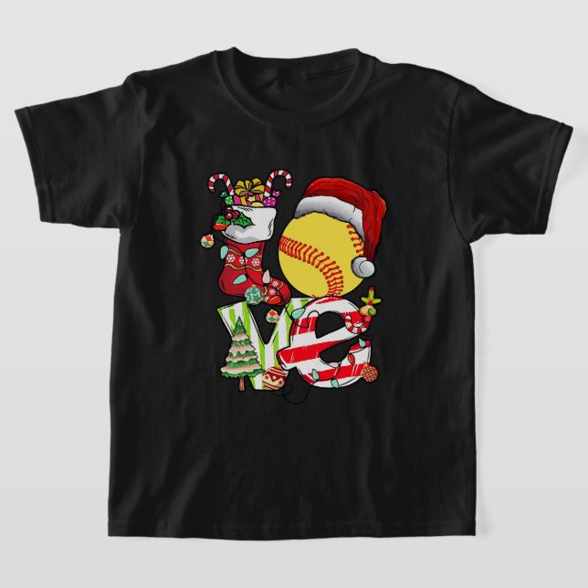 Love Softball Christmas Santa Hat Teen Girls Women T-Shirt (Laydown)