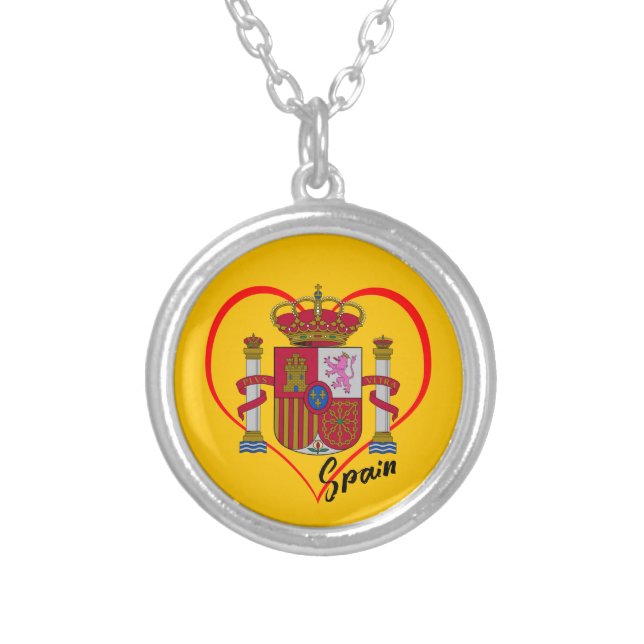 Love Spain fashion, patriotic Spanish flag, Heart Silver Plated Necklace (Front)