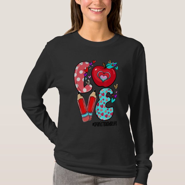 LOVE Spanic Teacher Life Leopard Heart Valentine's T-Shirt (Front)
