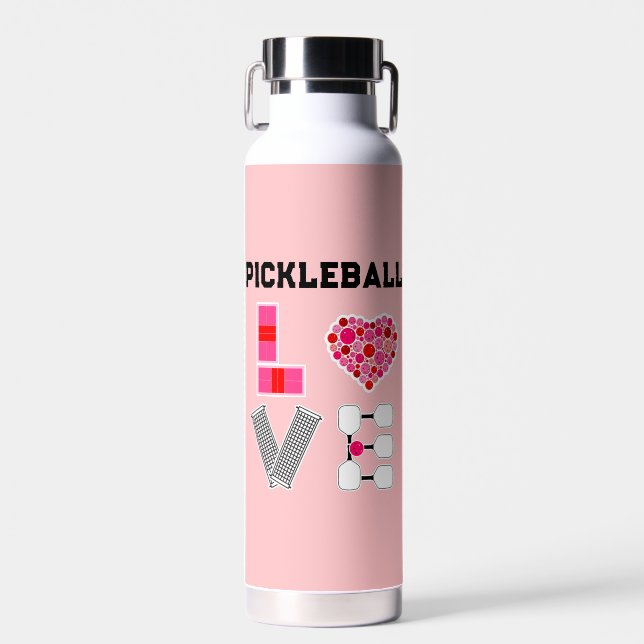 Love Spelled with Pickleballs Courts Net Paddles Water Bottle (Front)