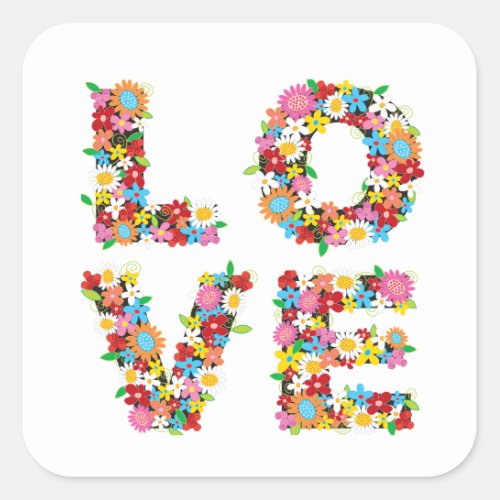 LOVE Spring Flowers Whimsical Chic Valentines Day Square Sticker