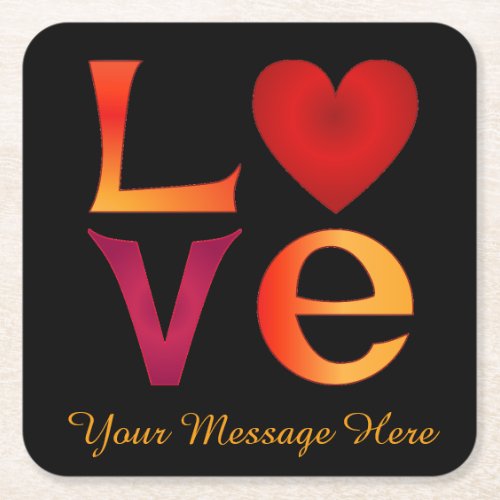 LOVE Square Lettering Ombre Red  Yellow on black Square Paper Coaster