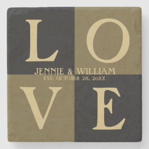 LOVE Squares Black and Gold Wedding Date Stone Coaster