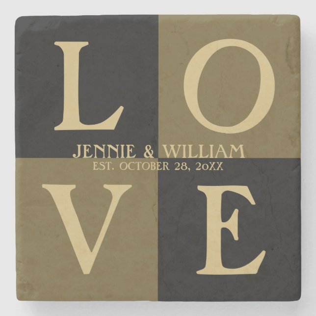 LOVE Squares Black and Gold Wedding Date Stone Coaster (Front)