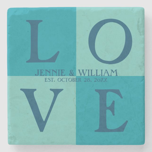 LOVE Squares Turquoise and Blue Wedding Date Stone Coaster (Front)