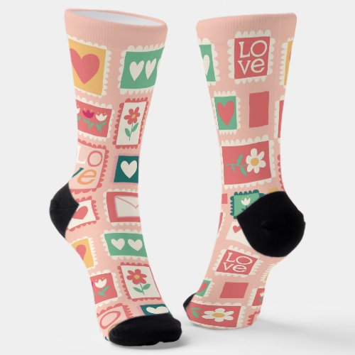 Love Stamps Pattern Crew Socks