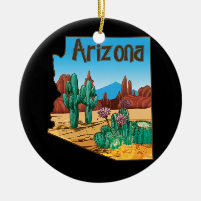 Love State Of Arizona Map Blooming Cactus Flowers Ceramic Ornament (Front)