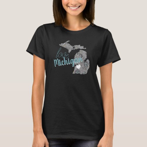 Love State Of Michigan Gray Blue Poppies Floral T_Shirt