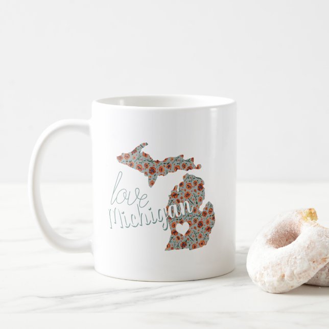 Love State Of Michigan Poppies Floral Pattern Coffee Mug (With Donut)