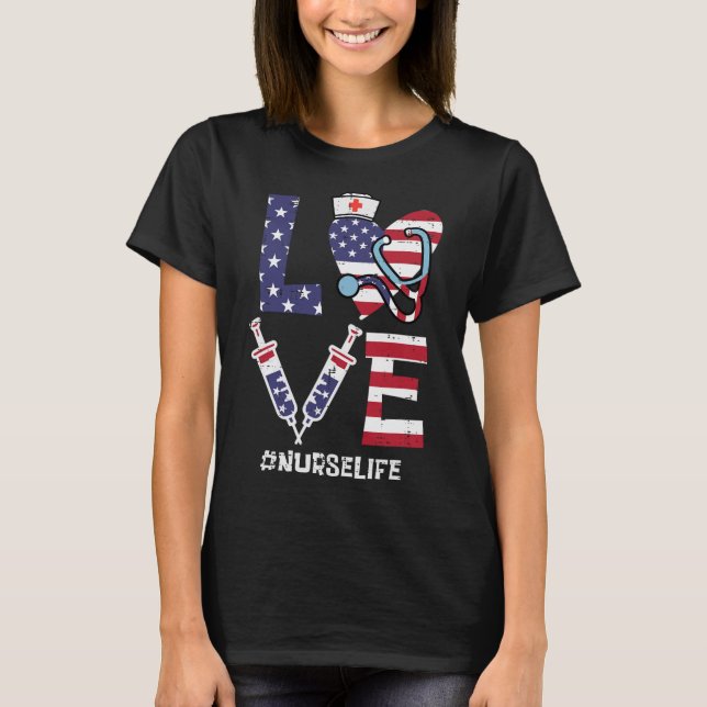 Love Stethoscope Nurse Fourth 4th Of July Nursing  T-Shirt (Front)