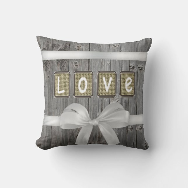 LOVE stitched on old light brown fabric Throw Pillow (Front)