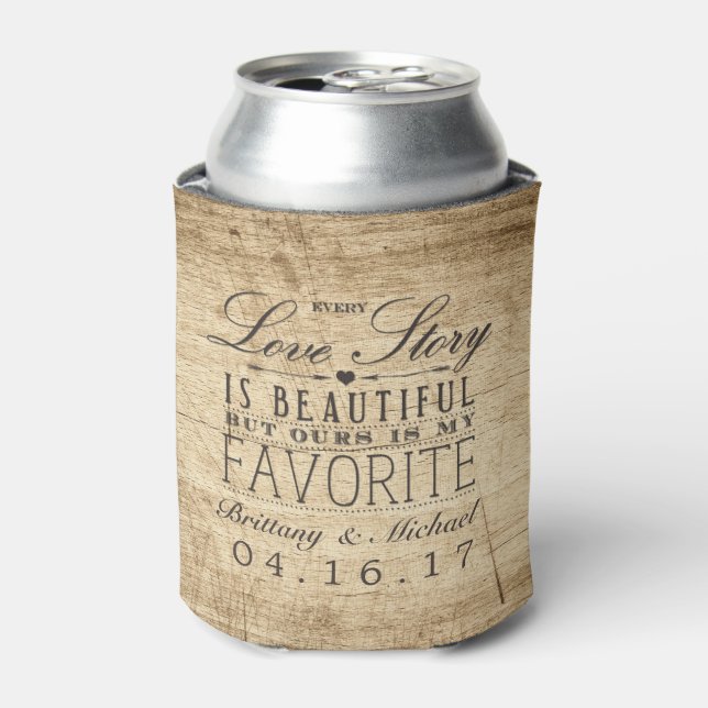 Love Story Barn Wood Rustic Wedding Can Cooler (Can Front)