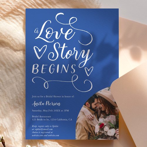 Love story blue white photo bridal shower invitation