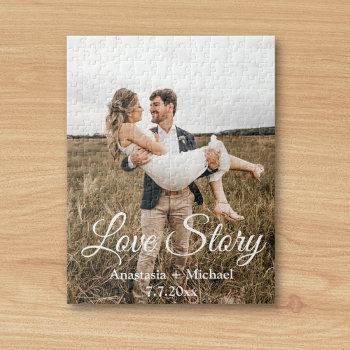 Love Story Classic Calligraphy Wedding Photo Jigsaw Puzzle by wedding_littlestore at Zazzle