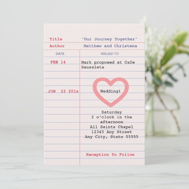 Love Story Due Date Library Card Wedding Invitatio (Standing Front)