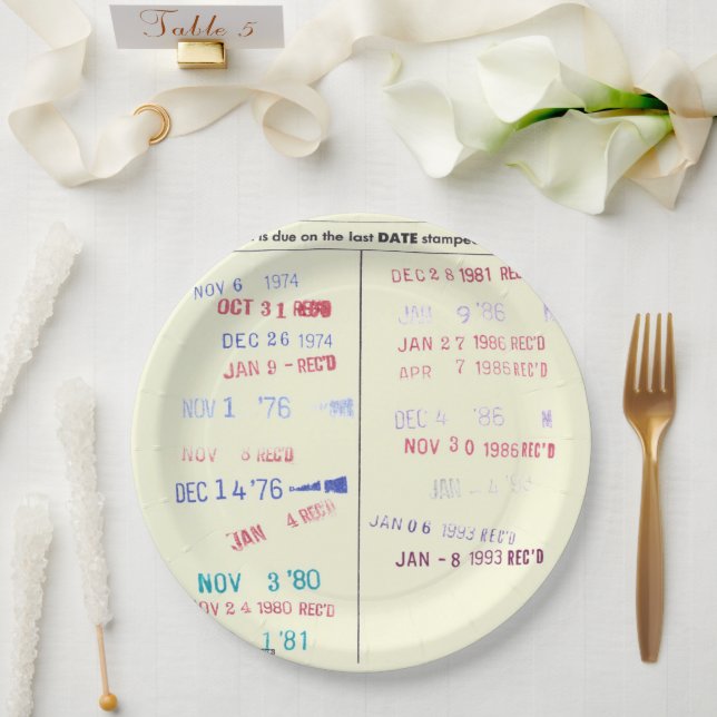 Love Story Due Date Library Card Wedding Paper Plates (Wedding)