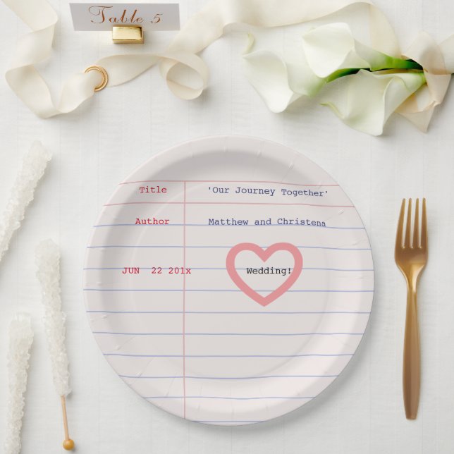 Love Story Due Date Library Card Wedding Paper Plates (Wedding)
