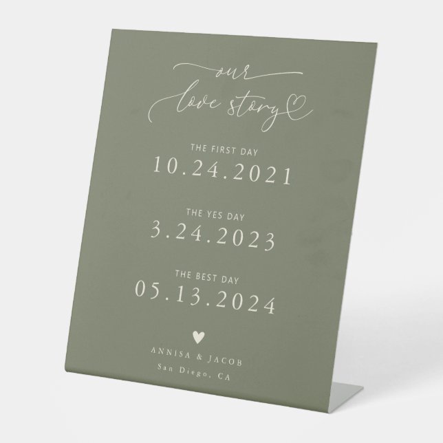 Love Story Heart Script Green Wedding Timeline Pedestal Sign (Front)