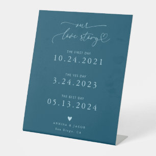 Love Story Heart Script Teal Wedding Timeline Pedestal Sign