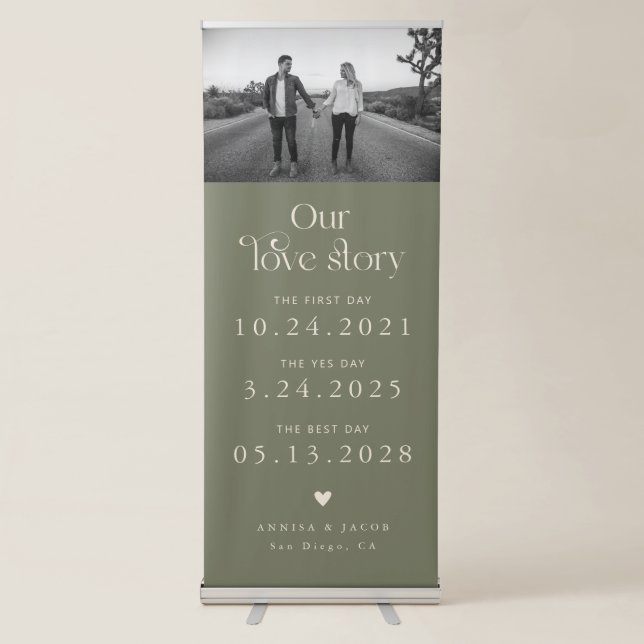 Love Story Retro Couple's Timeline Photo Sage Retractable Banner (Front)