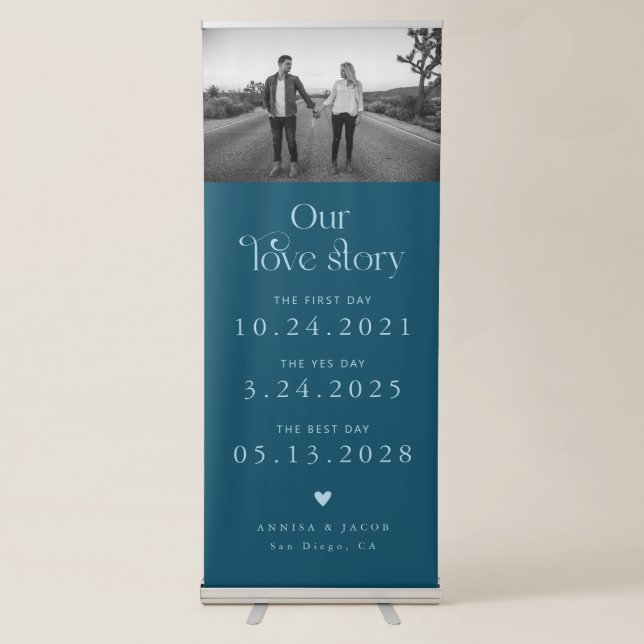 Love Story Retro Couple's Timeline Photo Teal Retractable Banner (Front)