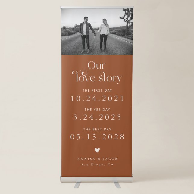 Love Story Retro Couples Timeline Photo Terracotta Retractable Banner (Front)