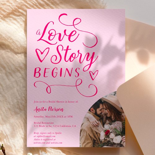 Love story retro hot pink photo bridal shower invitation