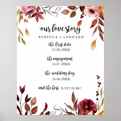 love story timeline wedding autumn floral sign