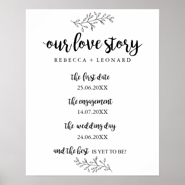 love story timeline wedding sign rustic botanical (Front)