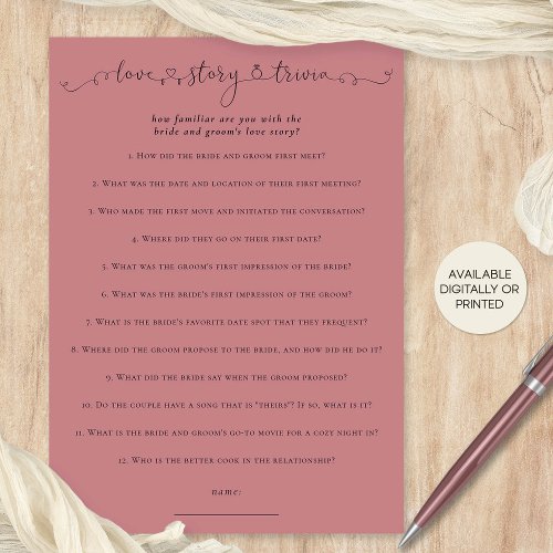 Love Story Trivia Bridal Shower Pink Game Card