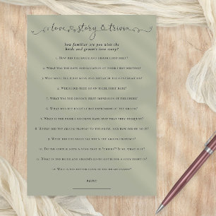 Love Story Trivia Bridal Shower Sage Game Card